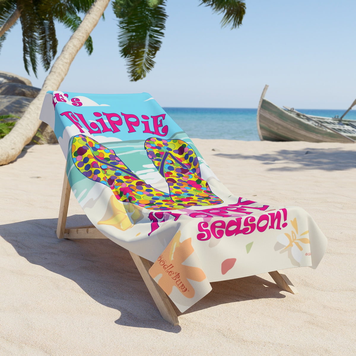 Beach Towel yellow with multicolored flip flops— "It's Flippie Floppie Season" Colorful Flip-Flop Beach Towel
