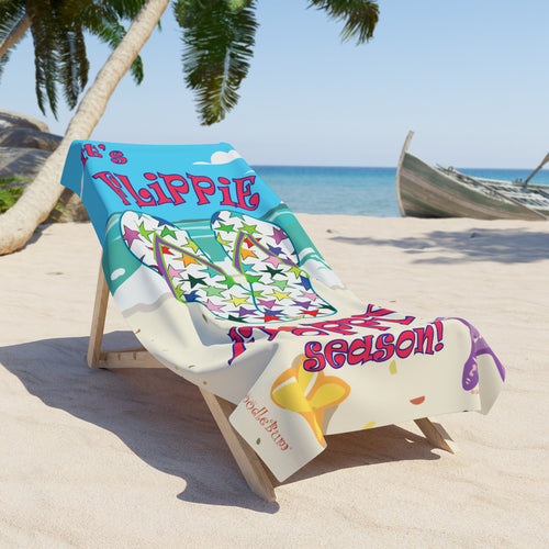 Beach Towel White with multicolored stars— "It's Flippie Time" Colorful Flip-Flop Summer Towel