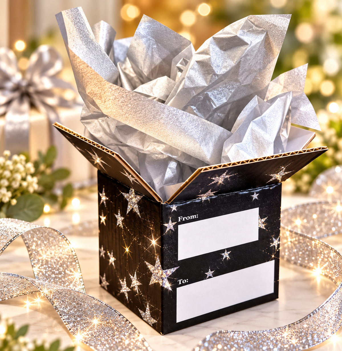 Silver Stars 4 x 4 x 4 Gift Boxes and Tissue Paper - Set of 2 boxes, 6 sheets of Silver Tissue paper