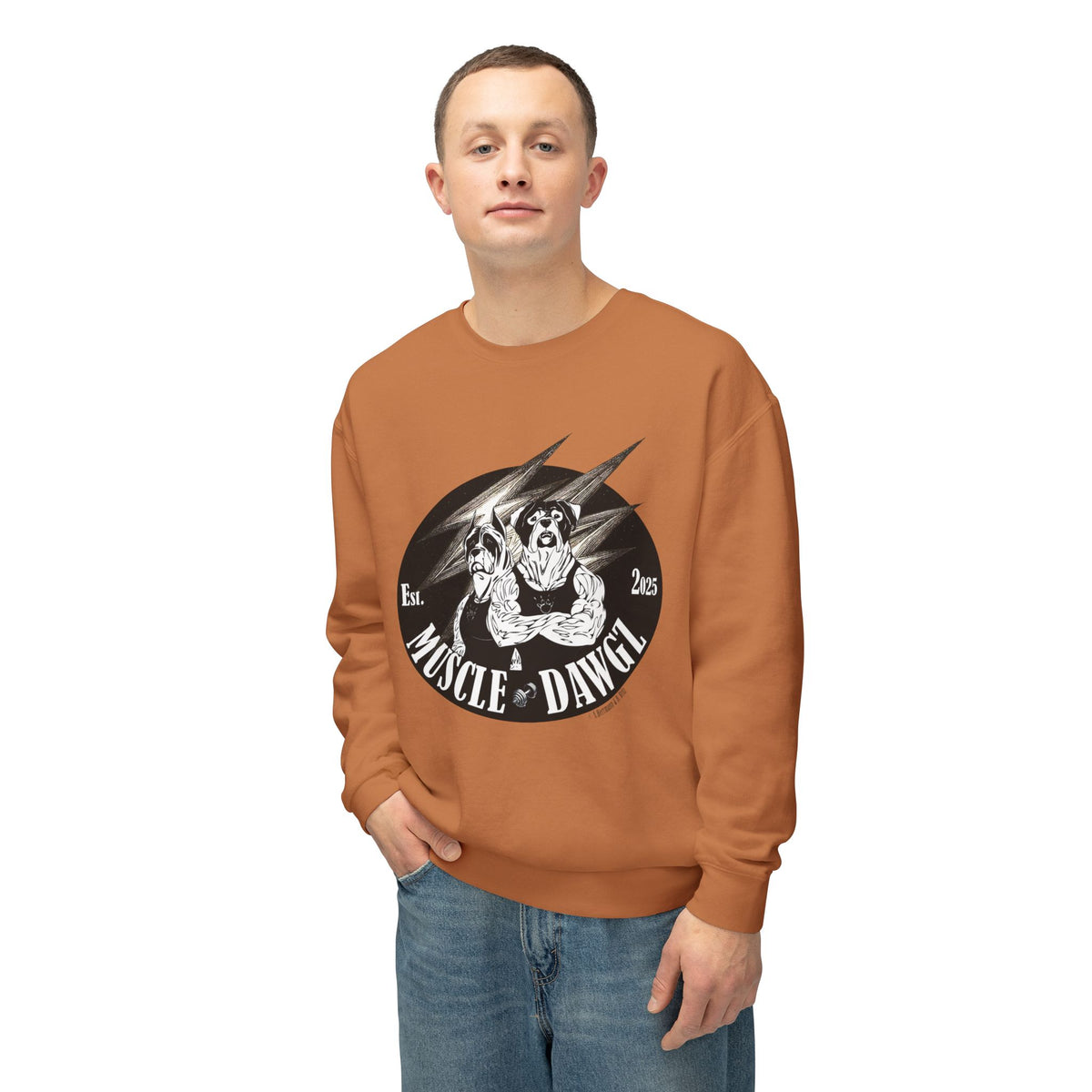 Muscle Dawgz Crewneck Sweatshirt — Retro Gym Dog Illustration