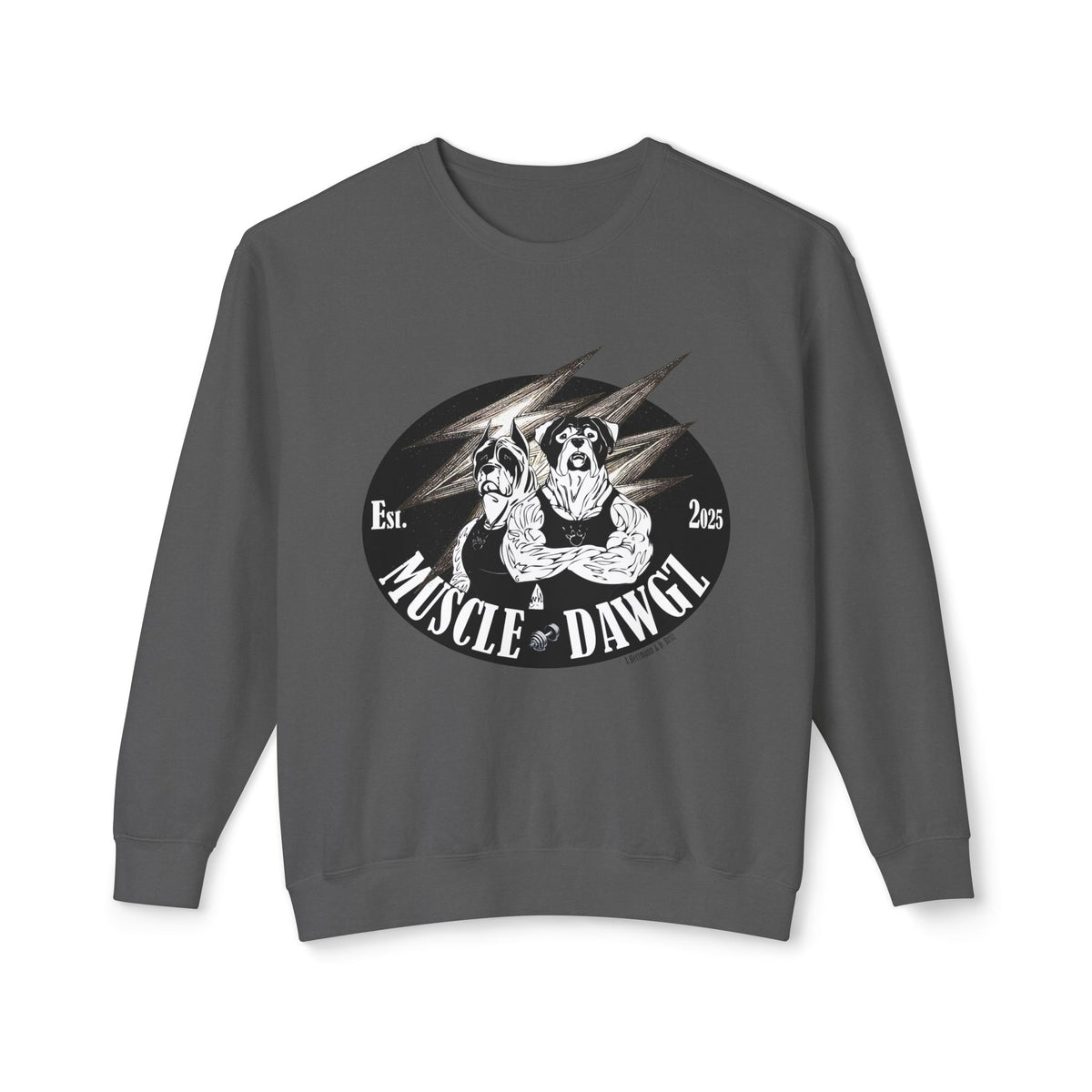 Muscle Dawgz Crewneck Sweatshirt — Retro Gym Dog Illustration