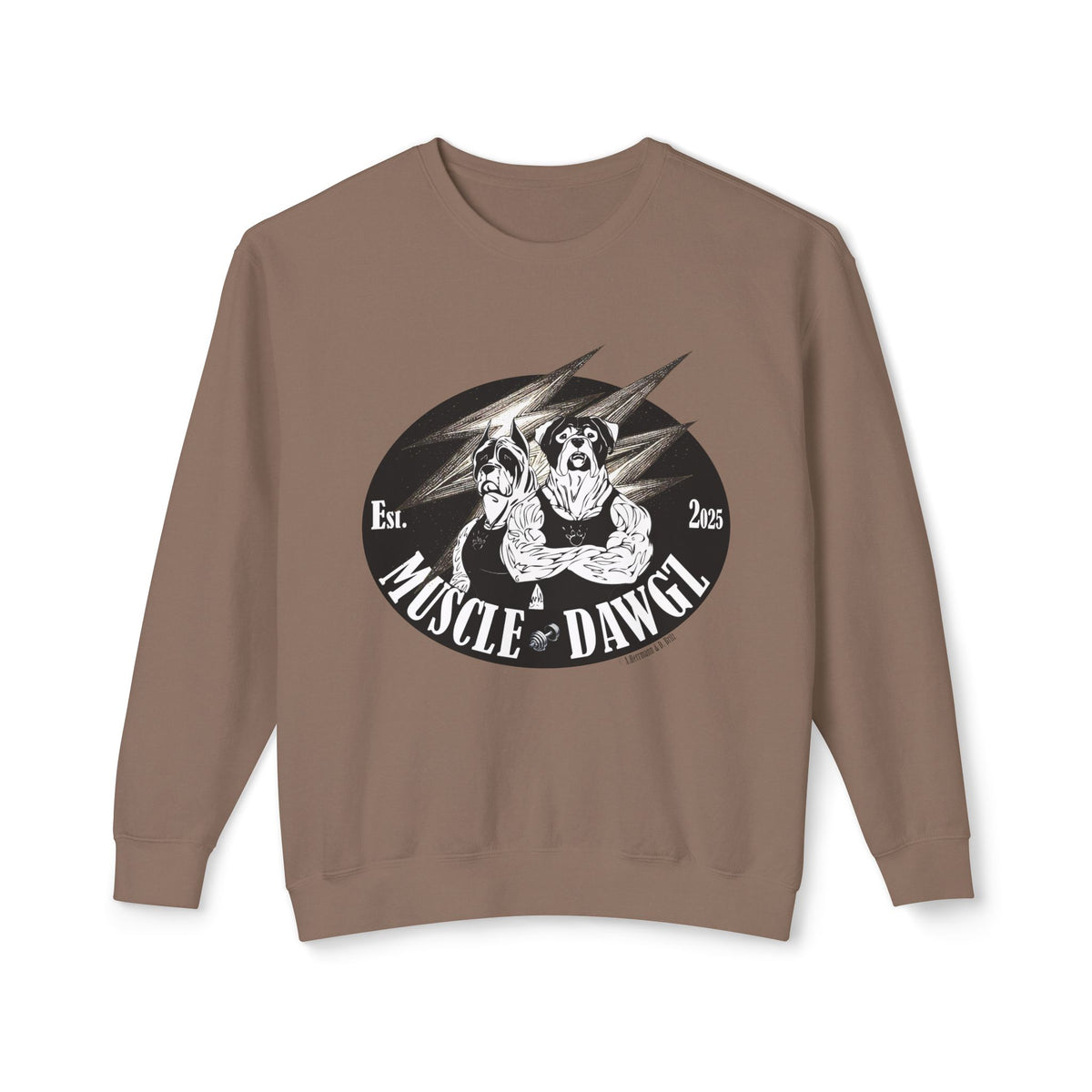 Muscle Dawgz Crewneck Sweatshirt — Retro Gym Dog Illustration