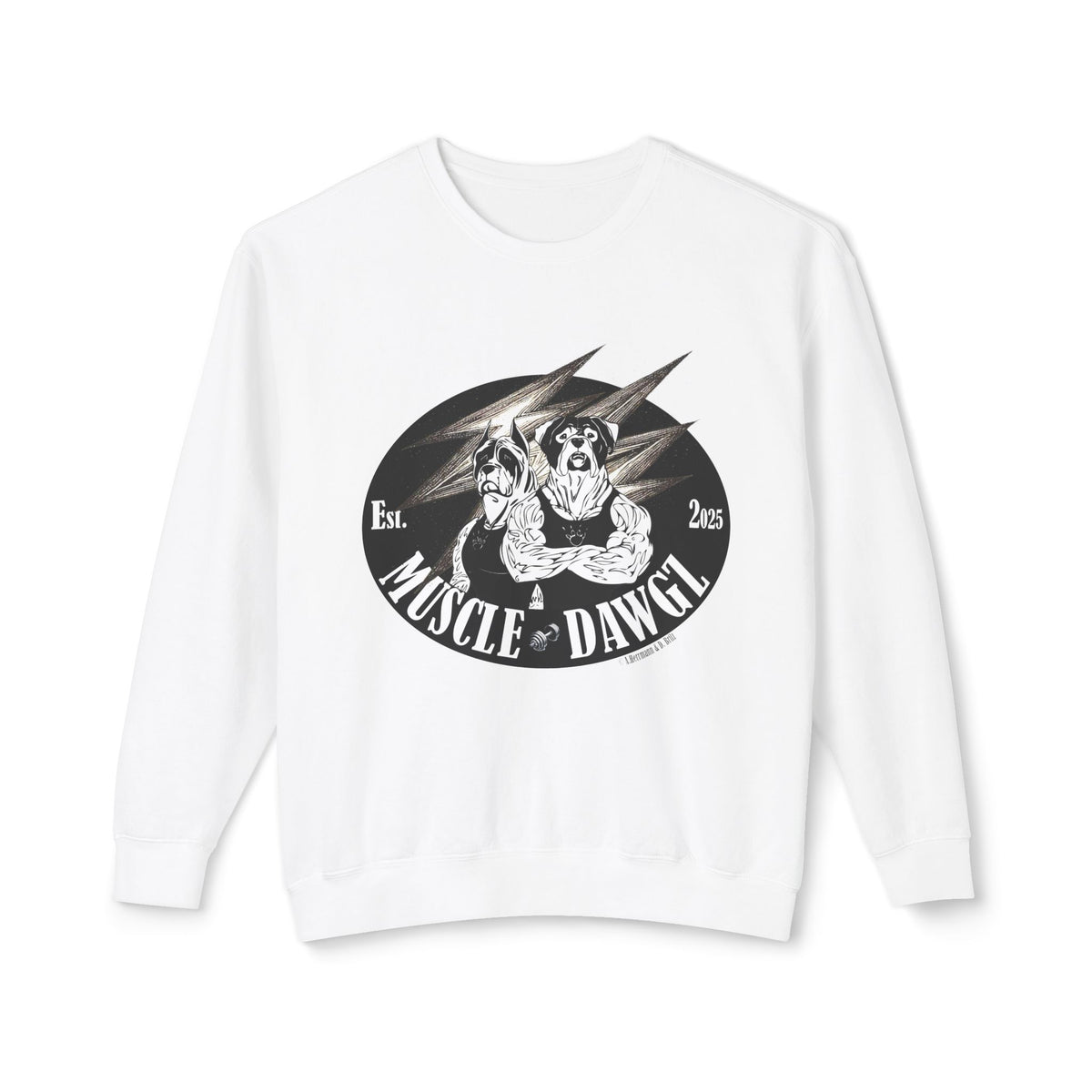 Muscle Dawgz Crewneck Sweatshirt — Retro Gym Dog Illustration