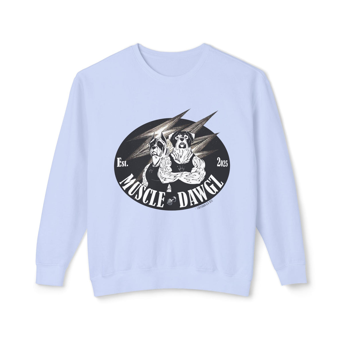 Muscle Dawgz Crewneck Sweatshirt — Retro Gym Dog Illustration