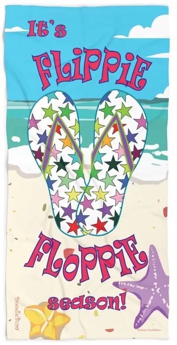 Beach Towel White with multicolored stars— "It's Flippie Time" Colorful Flip-Flop Summer Towel