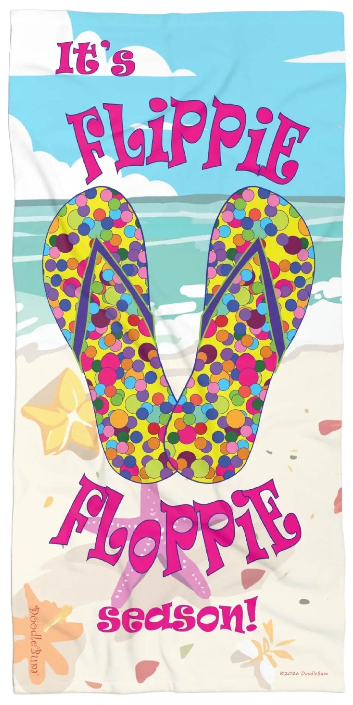 Beach Towel yellow with multicolored flip flops— "It's Flippie Floppie Season" Colorful Flip-Flop Beach Towel