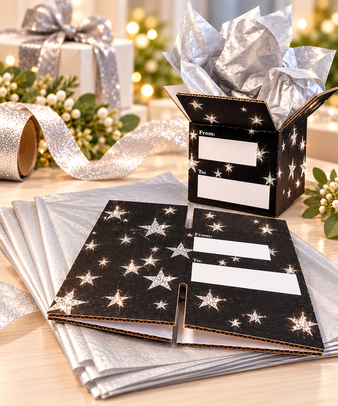 Silver Stars 4 x 4 x 4 Gift Boxes and Tissue Paper - Set of 2 boxes, 6 sheets of Silver Tissue paper