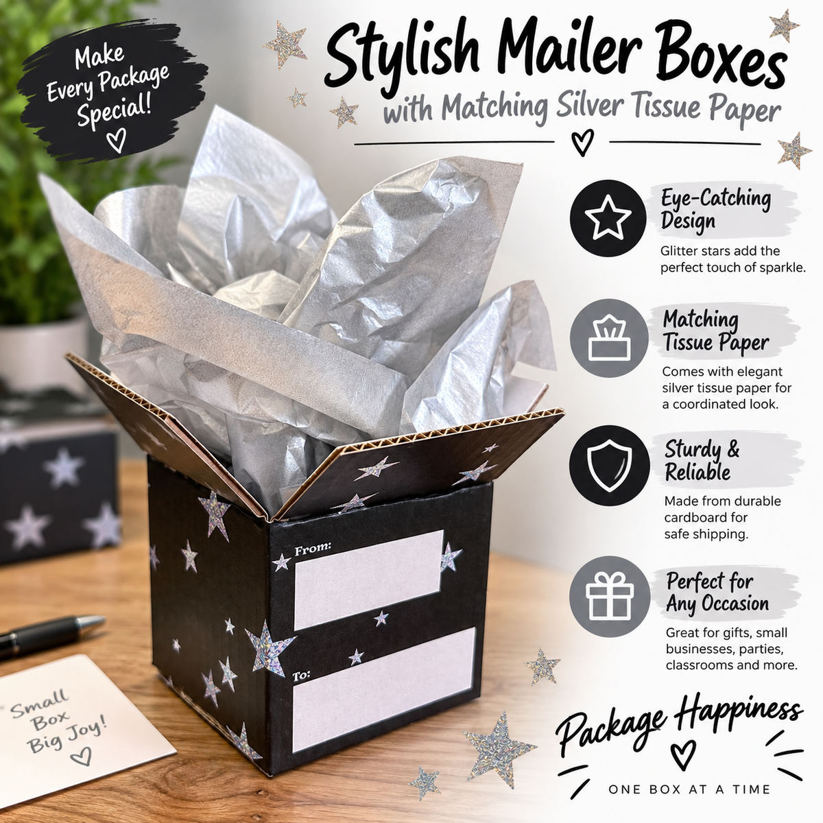 Silver Stars 4 x 4 x 4 Gift Boxes and Tissue Paper - Set of 2 boxes, 6 sheets of Silver Tissue paper